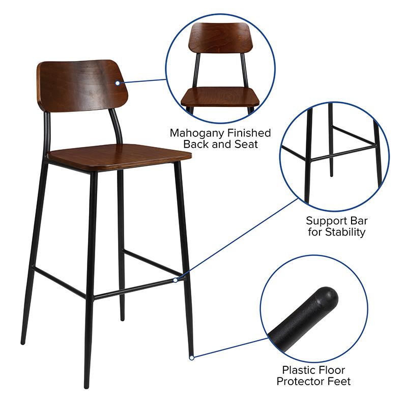 Industrial Barstool With Gunmetal Steel Frame And Rustic Wood Seat By Flash Furniture | Dining Chairs | Modishstore - 4