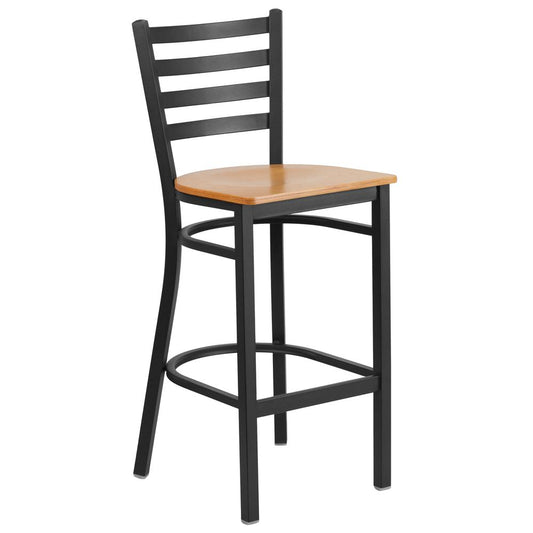 Hercules Series Black Ladder Back Metal Restaurant Barstool - Natural Wood Seat By Flash Furniture | Bar Stools | Modishstore - 1