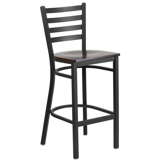 Hercules Series Black Ladder Back Metal Restaurant Barstool - Walnut Wood Seat By Flash Furniture | Bar Stools | Modishstore