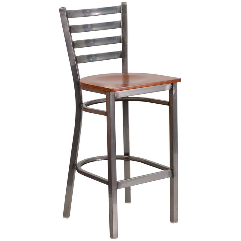 Hercules Series Clear Coated Ladder Back Metal Restaurant Barstool - Cherry Wood Seat By Flash Furniture | Bar Stools | Modishstore - 1