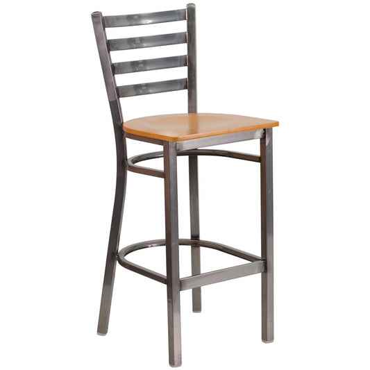 Hercules Series Clear Coated Ladder Back Metal Restaurant Barstool - Natural Wood Seat By Flash Furniture | Bar Stools | Modishstore - 1