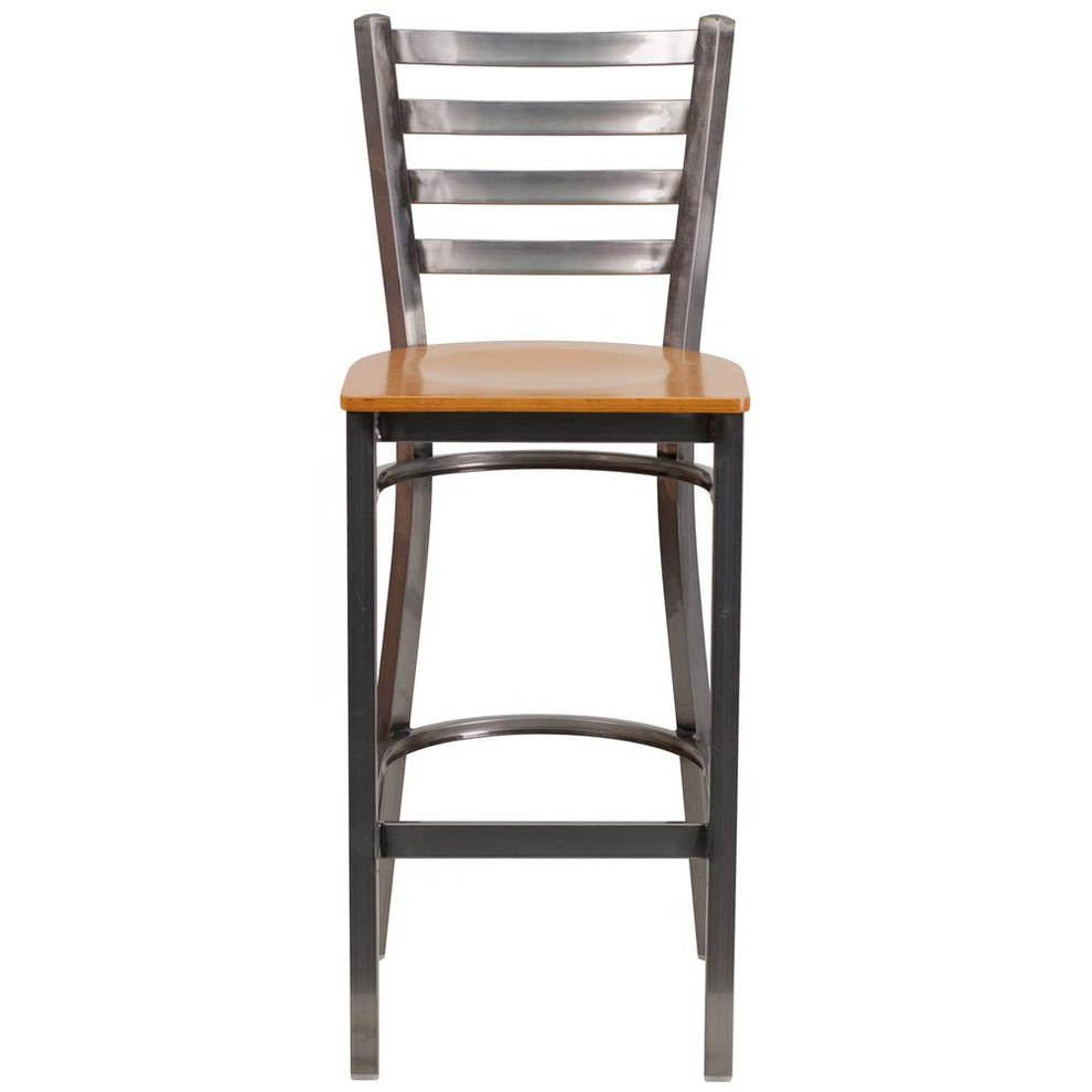 Hercules Series Clear Coated Ladder Back Metal Restaurant Barstool - Natural Wood Seat By Flash Furniture | Bar Stools | Modishstore - 4