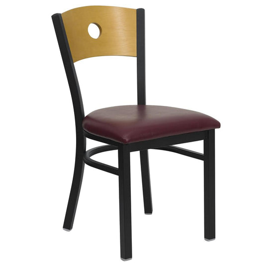 Hercules Series Black Circle Back Metal Restaurant Chair - Natural Wood Back, Burgundy Vinyl Seat By Flash Furniture | Dining Chairs | Modishstore - 1