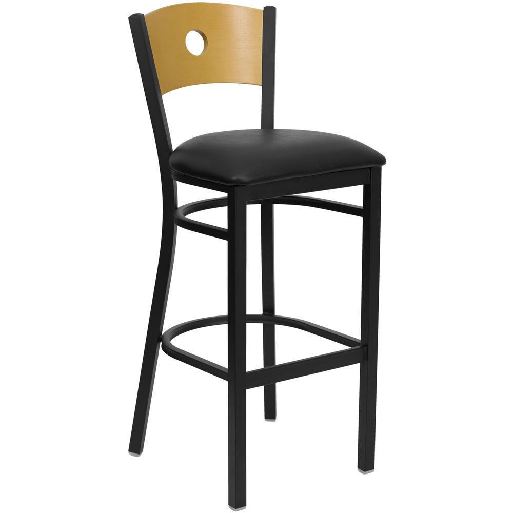 Hercules Series Black Circle Back Metal Restaurant Barstool - Natural Wood Back, Black Vinyl Seat By Flash Furniture | Bar Stools | Modishstore - 1