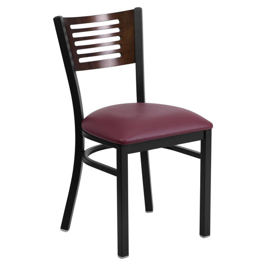 Hercules Series Black Slat Back Metal Restaurant Chair - Walnut Wood Back, Burgundy Vinyl Seat By Flash Furniture | Dining Chairs | Modishstore