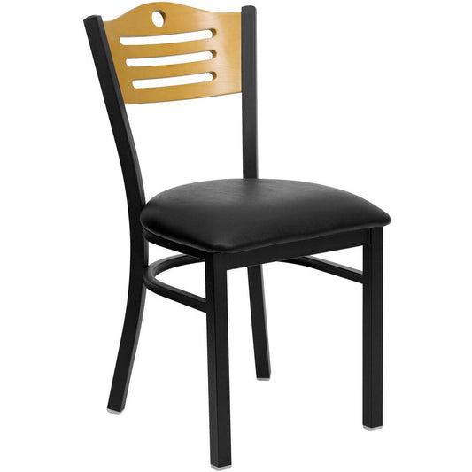 Hercules Series Black Slat Back Metal Restaurant Chair - Natural Wood Back, Black Vinyl Seat By Flash Furniture | Dining Chairs | Modishstore - 1