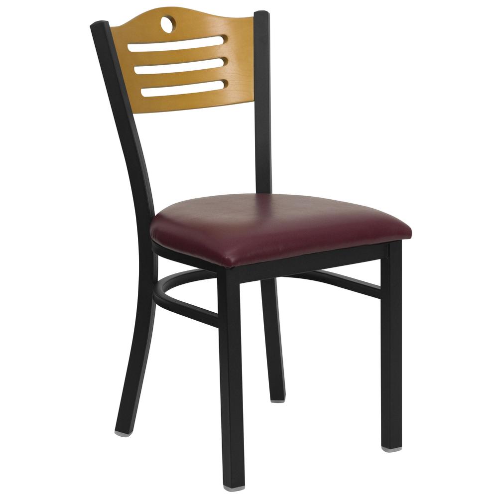 Hercules Series Black Slat Back Metal Restaurant Chair - Natural Wood Back, Burgundy Vinyl Seat By Flash Furniture | Dining Chairs | Modishstore - 1