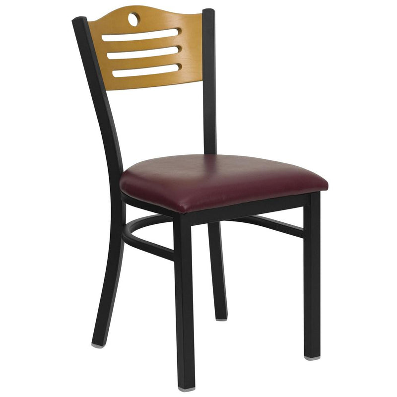 Hercules Series Black Slat Back Metal Restaurant Chair - Natural Wood Back, Burgundy Vinyl Seat By Flash Furniture | Dining Chairs | Modishstore - 1