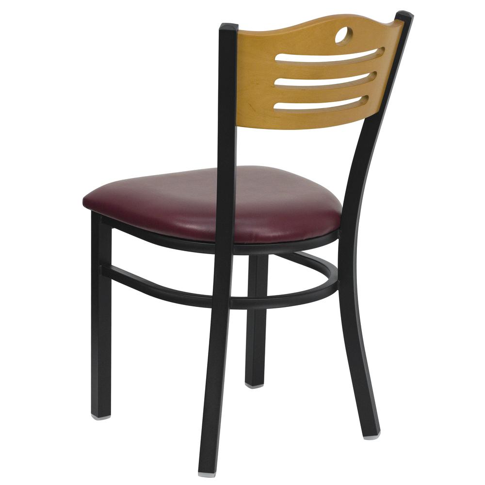 Hercules Series Black Slat Back Metal Restaurant Chair - Natural Wood Back, Burgundy Vinyl Seat By Flash Furniture | Dining Chairs | Modishstore - 3