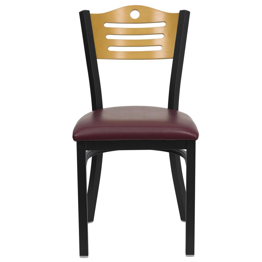 Hercules Series Black Slat Back Metal Restaurant Chair - Natural Wood Back, Burgundy Vinyl Seat By Flash Furniture | Dining Chairs | Modishstore - 4