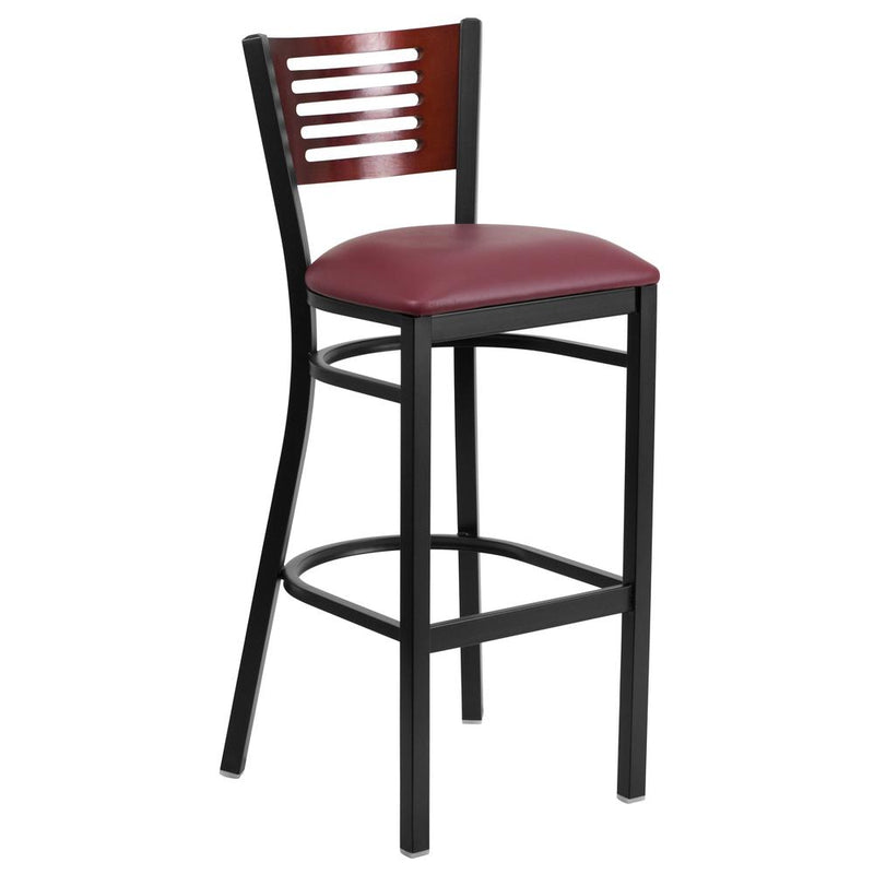 Hercules Series Black Slat Back Metal Restaurant Barstool - Mahogany Wood Back, Burgundy Vinyl Seat By Flash Furniture | Bar Stools | Modishstore - 1