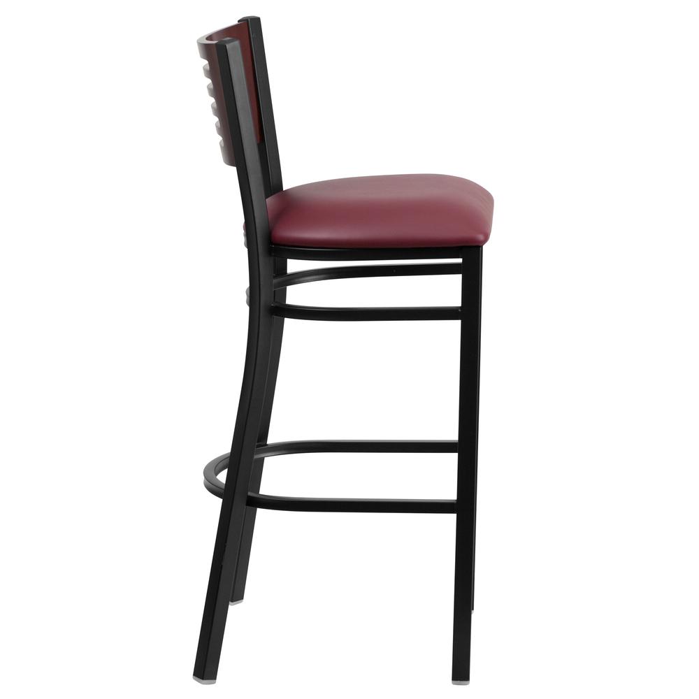 Hercules Series Black Slat Back Metal Restaurant Barstool - Mahogany Wood Back, Burgundy Vinyl Seat By Flash Furniture | Bar Stools | Modishstore - 2