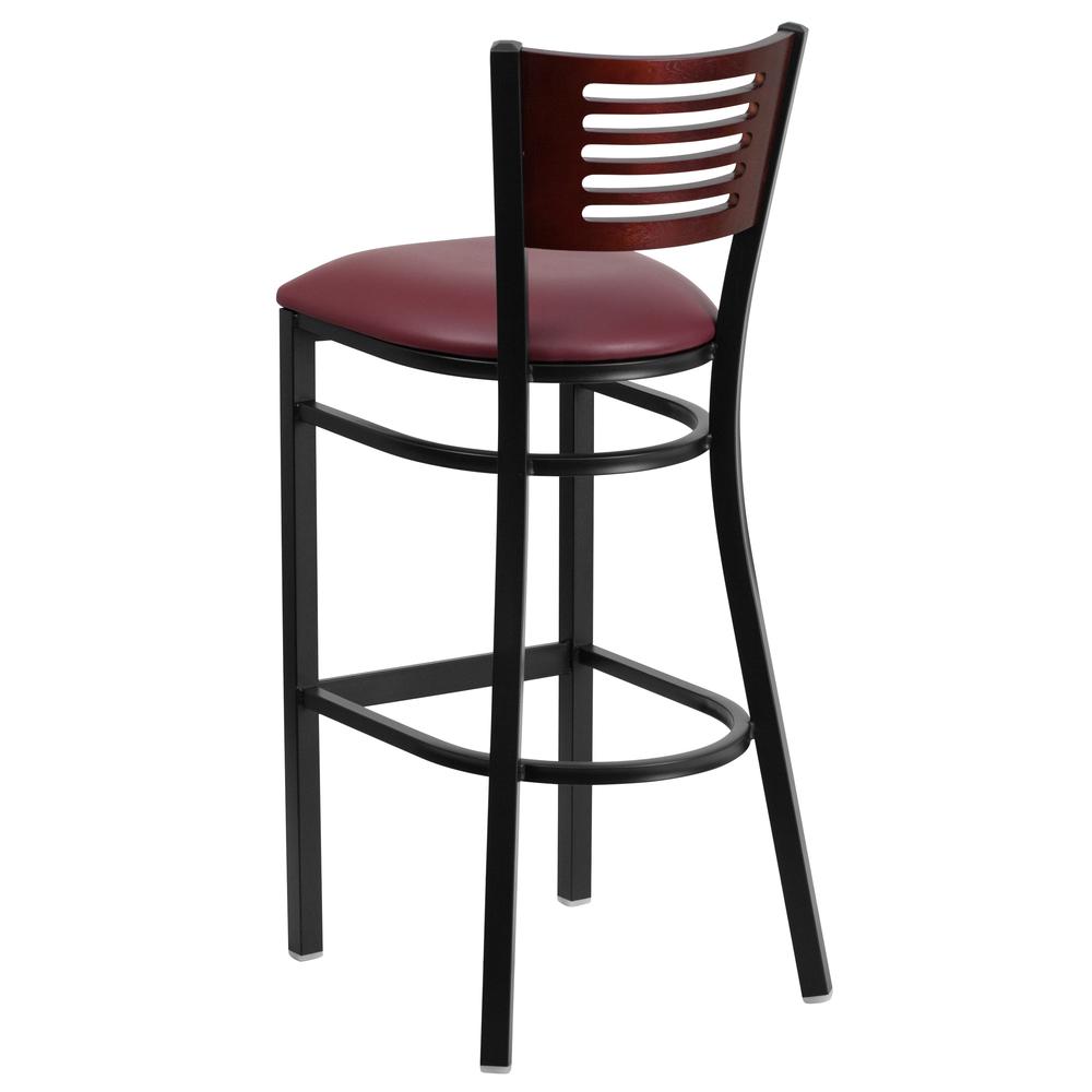Hercules Series Black Slat Back Metal Restaurant Barstool - Mahogany Wood Back, Burgundy Vinyl Seat By Flash Furniture | Bar Stools | Modishstore - 3