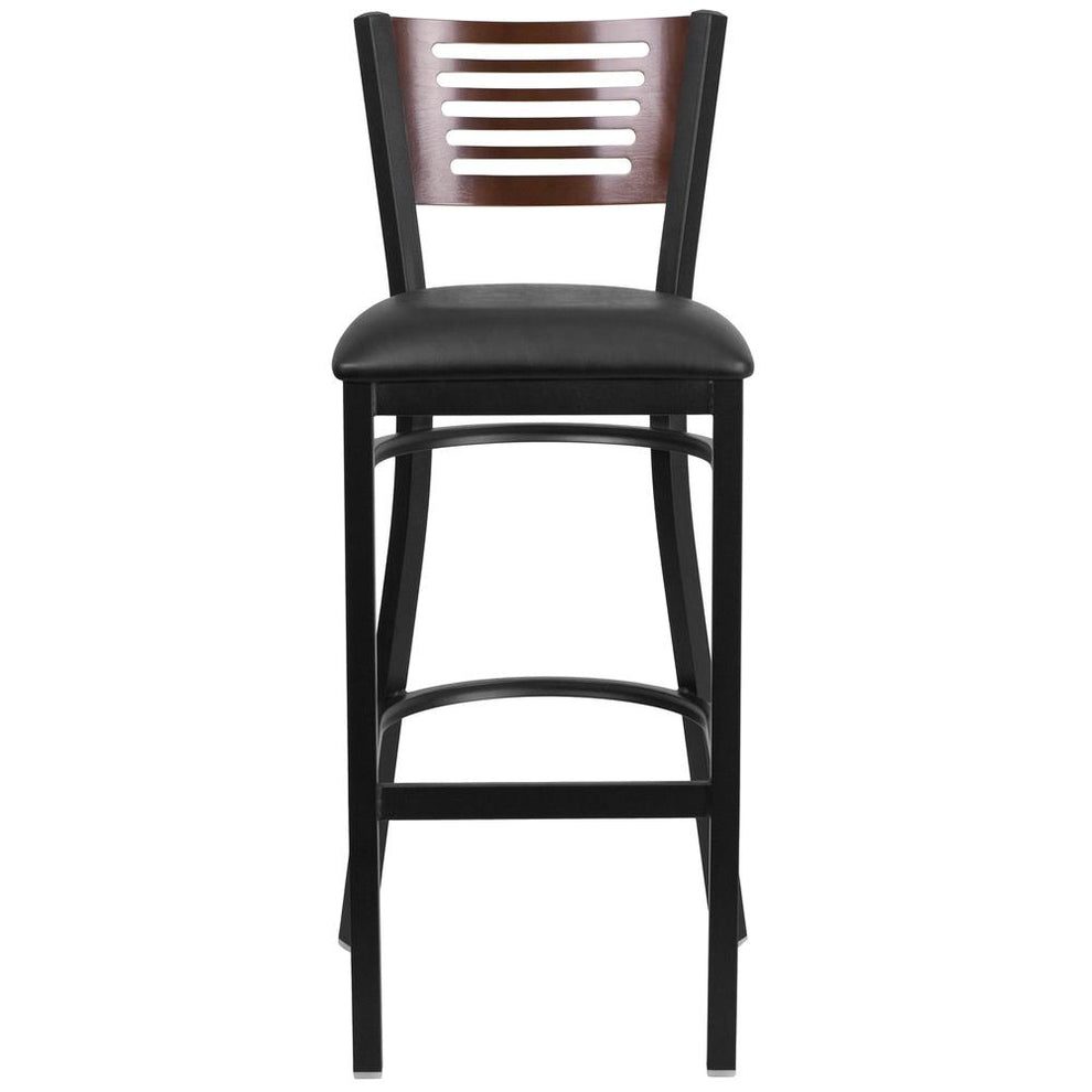 Hercules Series Black Slat Back Metal Restaurant Barstool - Walnut Wood Back, Black Vinyl Seat By Flash Furniture | Bar Stools | Modishstore - 4