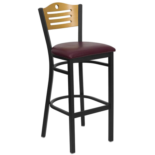 Hercules Series Black Slat Back Metal Restaurant Barstool - Natural Wood Back, Burgundy Vinyl Seat By Flash Furniture | Bar Stools | Modishstore - 1