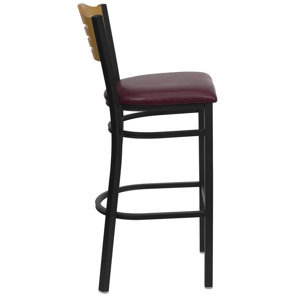 Hercules Series Black Slat Back Metal Restaurant Barstool - Natural Wood Back, Burgundy Vinyl Seat By Flash Furniture | Bar Stools | Modishstore - 2