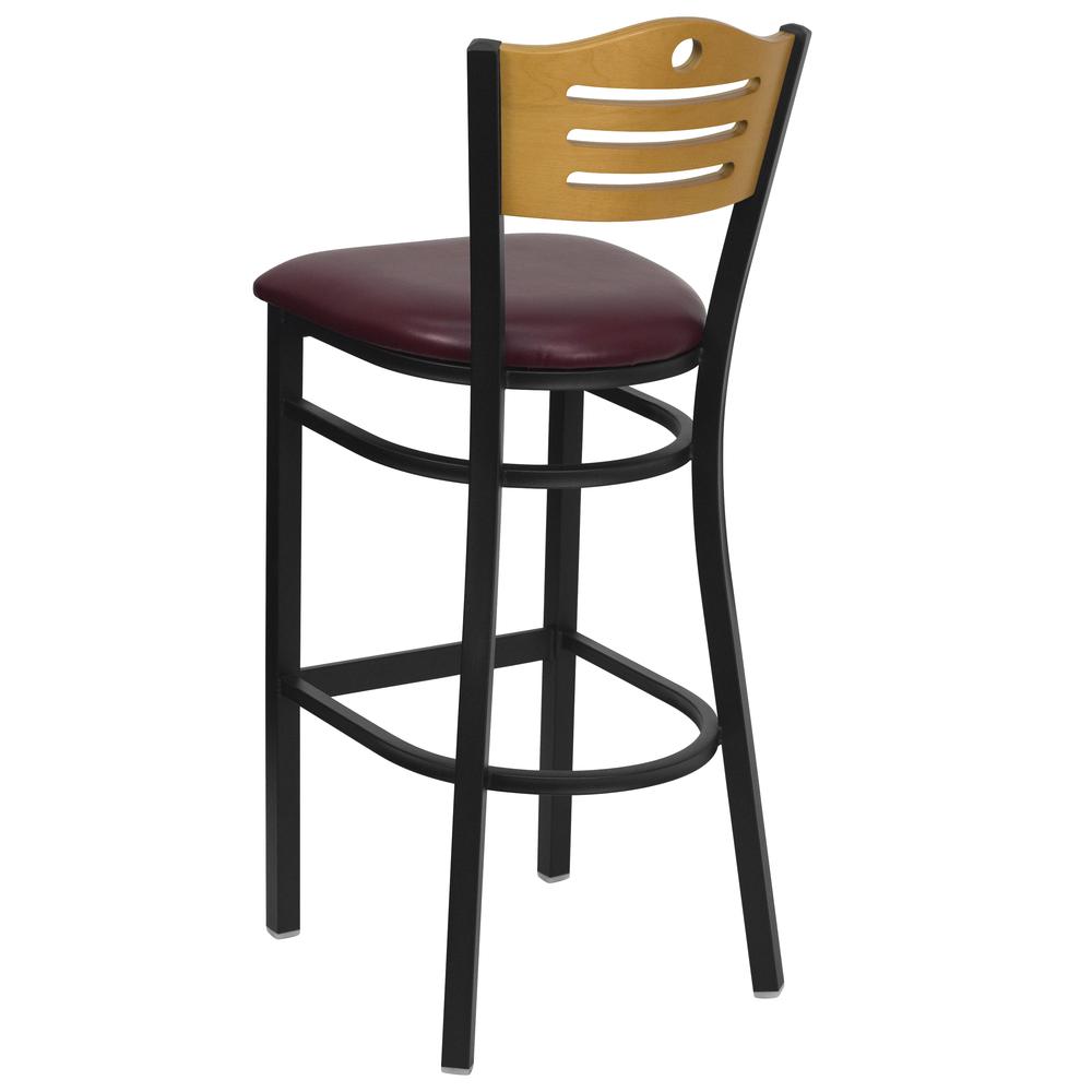 Hercules Series Black Slat Back Metal Restaurant Barstool - Natural Wood Back, Burgundy Vinyl Seat By Flash Furniture | Bar Stools | Modishstore - 3