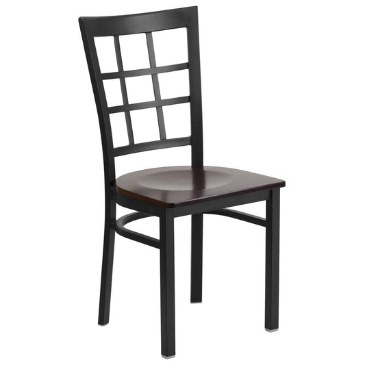 Hercules Series Black Window Back Metal Restaurant Chair - Walnut Wood Seat By Flash Furniture | Dining Chairs | Modishstore