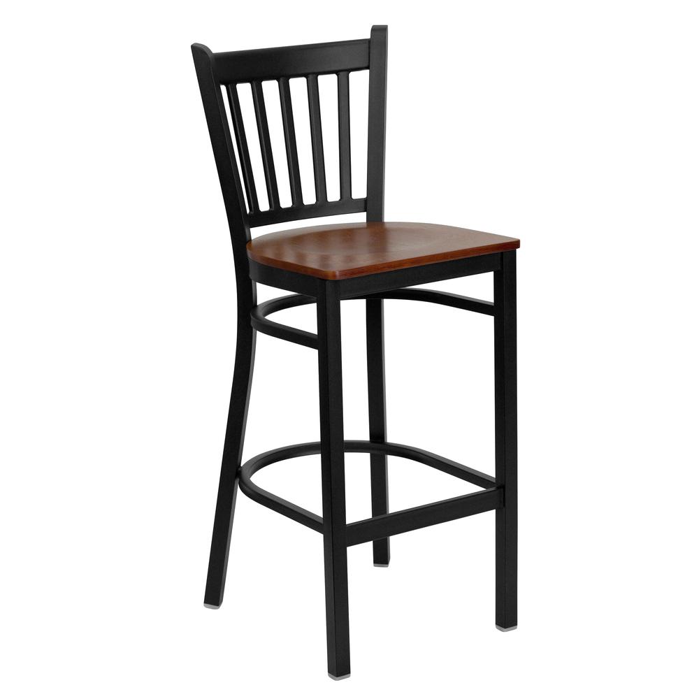 Hercules Series Black Vertical Back Metal Restaurant Barstool - Cherry Wood Seat By Flash Furniture | Bar Stools | Modishstore - 1