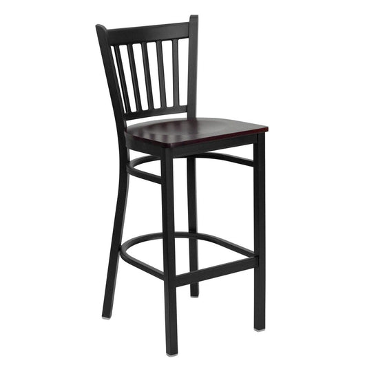 Hercules Series Black Vertical Back Metal Restaurant Barstool - Mahogany Wood Seat By Flash Furniture | Bar Stools | Modishstore