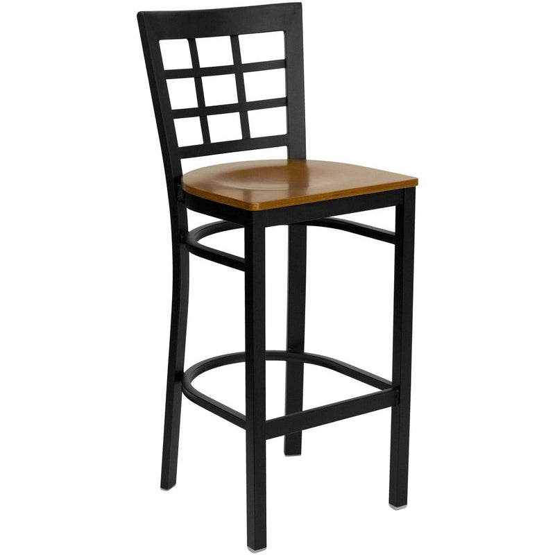 Hercules Series Black Window Back Metal Restaurant Barstool - Cherry Wood Seat By Flash Furniture | Bar Stools | Modishstore - 1