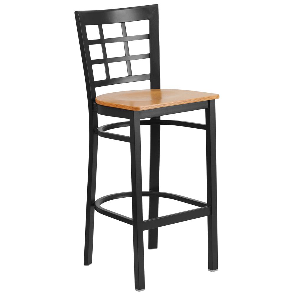 Hercules Series Black Window Back Metal Restaurant Barstool - Natural Wood Seat By Flash Furniture | Bar Stools | Modishstore - 1