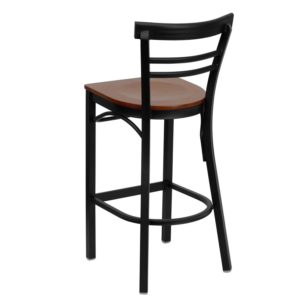 Hercules Series Black Two-Slat Ladder Back Metal Restaurant Barstool - Cherry Wood Seat By Flash Furniture | Bar Stools | Modishstore - 3