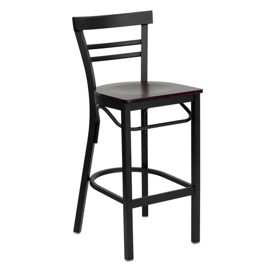 Hercules Series Black Two-Slat Ladder Back Metal Restaurant Barstool - Mahogany Wood Seat By Flash Furniture | Bar Stools | Modishstore