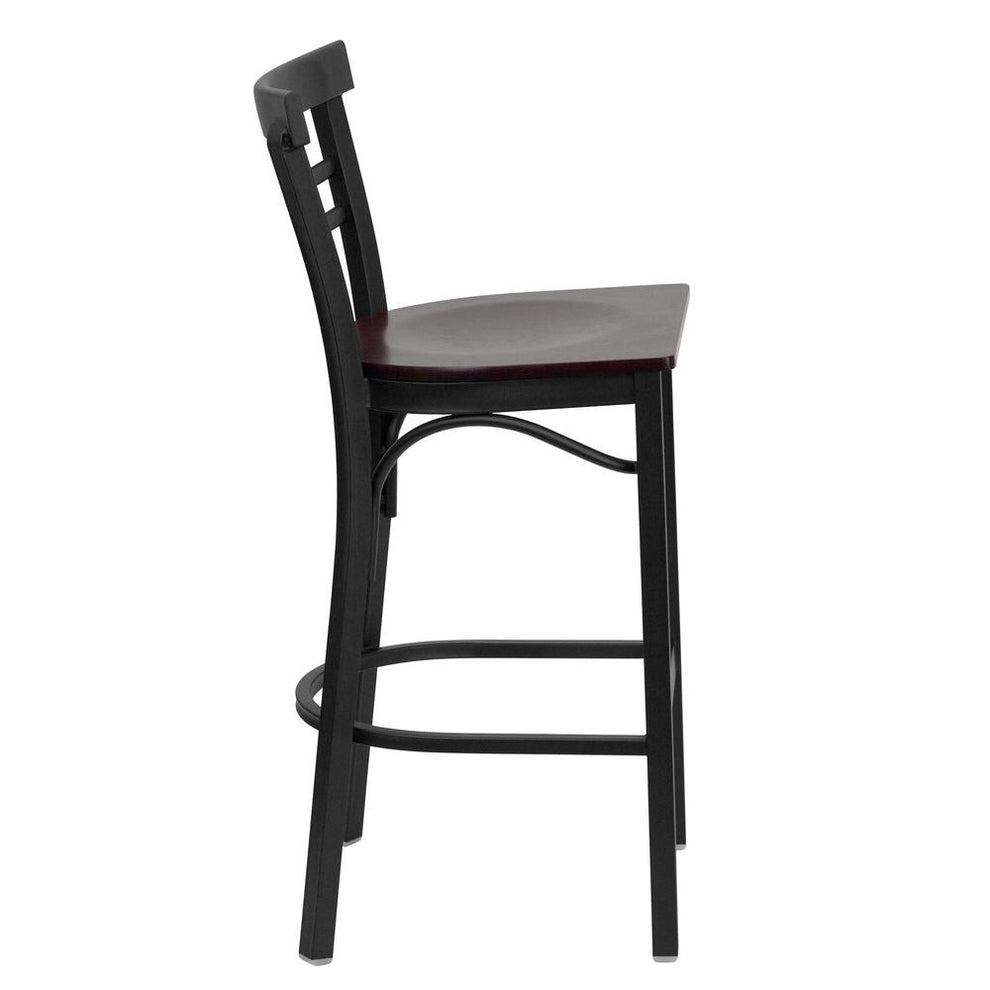 Hercules Series Black Two-Slat Ladder Back Metal Restaurant Barstool - Mahogany Wood Seat By Flash Furniture | Bar Stools | Modishstore - 2