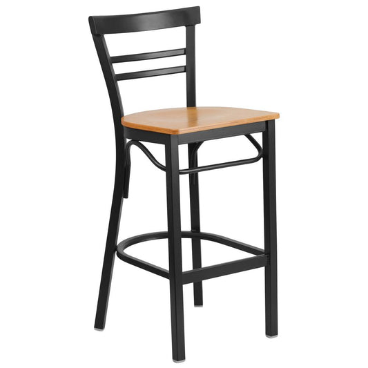Hercules Series Black Two-Slat Ladder Back Metal Restaurant Barstool - Natural Wood Seat By Flash Furniture | Bar Stools | Modishstore - 1