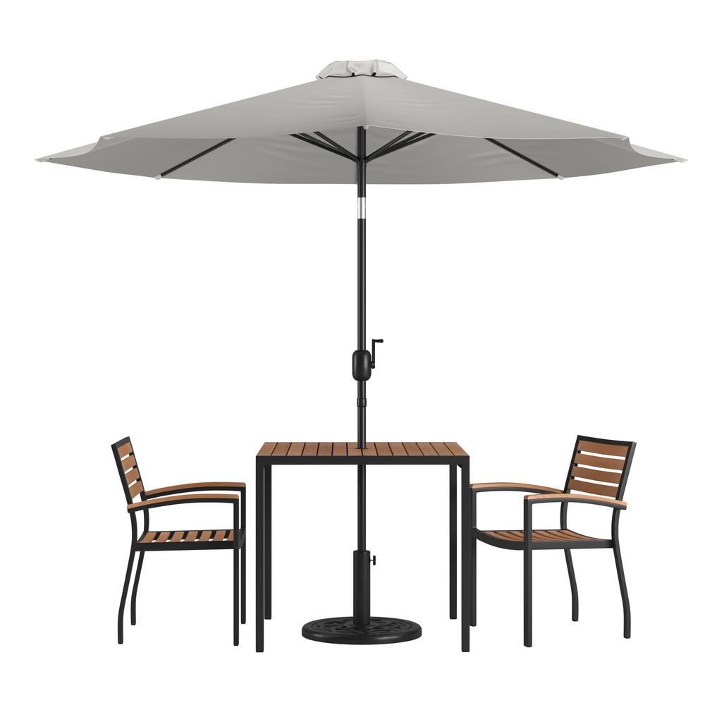 5 Piece Outdoor Patio Table Set With 2 Synthetic Teak Stackable Chairs, 35" Square Table, Gray Umbrella & Base By Flash Furniture | Outdoor Dining Sets | Modishstore