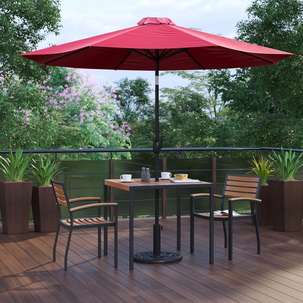 5 Piece Outdoor Patio Table Set With 2 Synthetic Teak Stackable Chairs, 35" Square Table, Red Umbrella & Base By Flash Furniture | Outdoor Dining Sets | Modishstore - 2