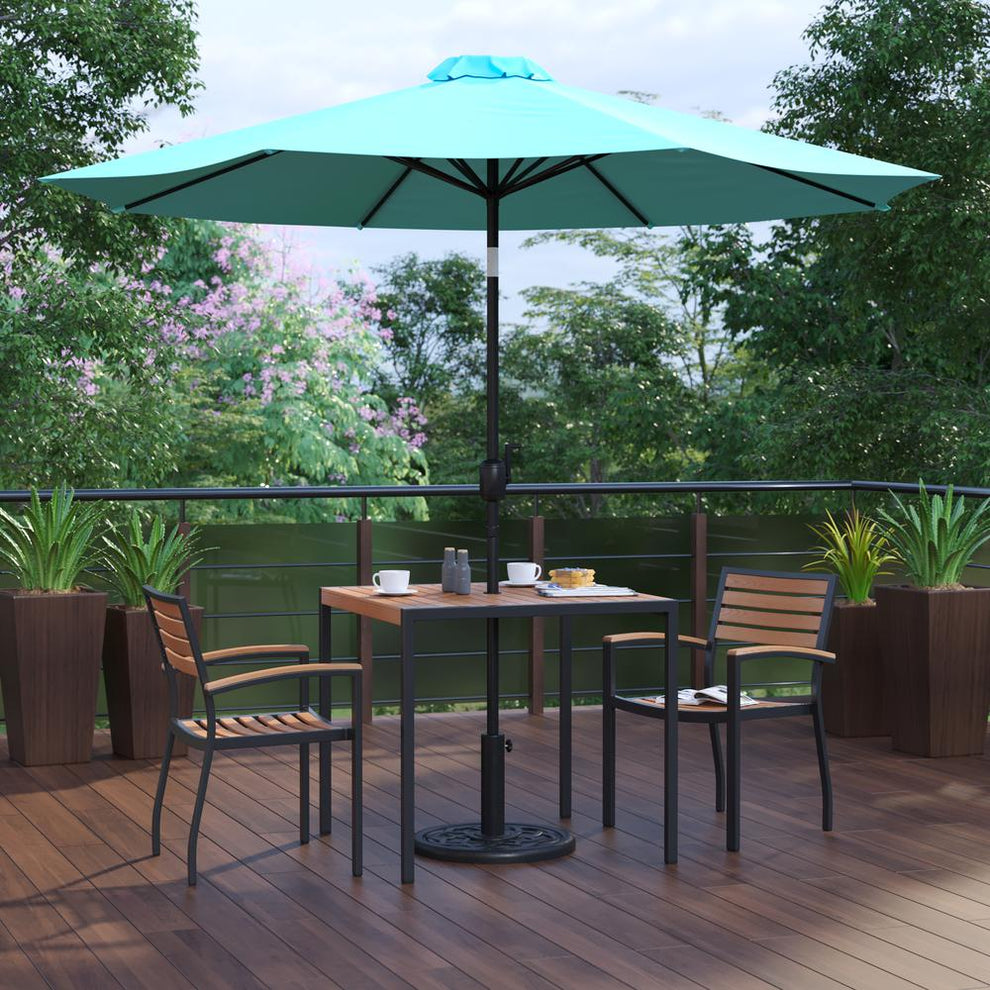 5 Piece Outdoor Patio Dining Table Set With 2 Synthetic Teak Stackable Chairs, 36" Square Table, Teal Umbrella & Base By Flash Furniture | Outdoor Dining Sets | Modishstore - 2