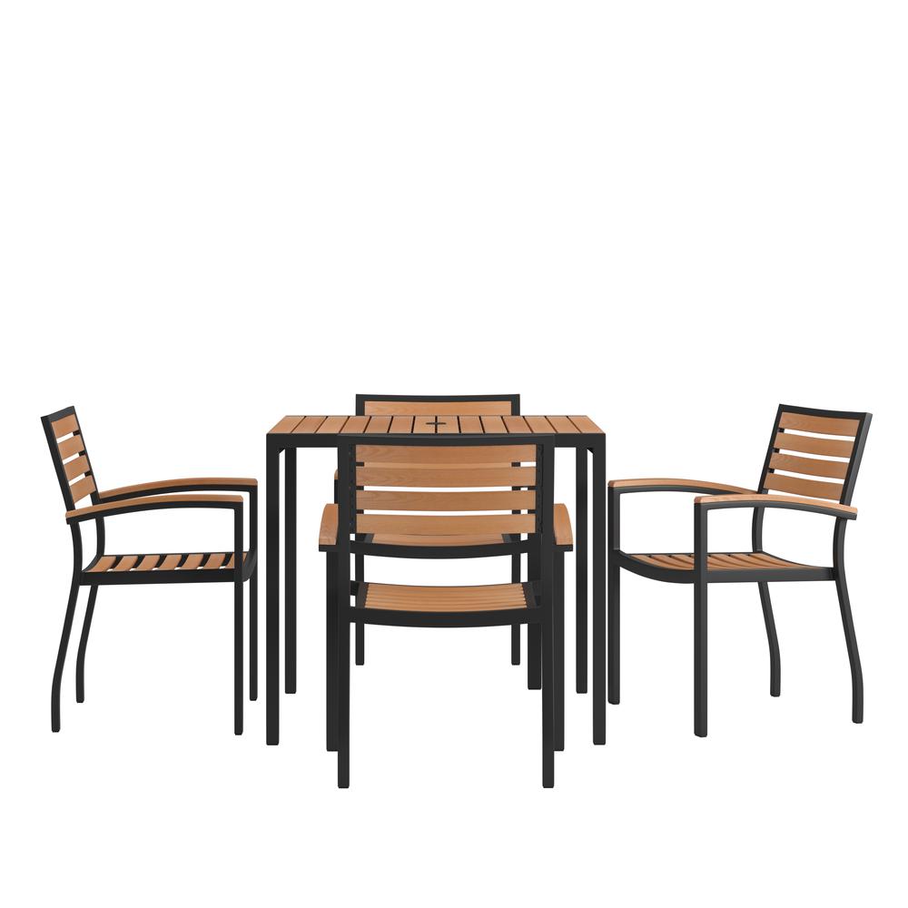 5 Piece Outdoor Dining Table Set - Synthetic Teak Poly Slats - 35" Square Steel Framed Table With Umbrella Hole - 4 Club Chairs By Flash Furniture | Outdoor Dining Sets | Modishstore - 1