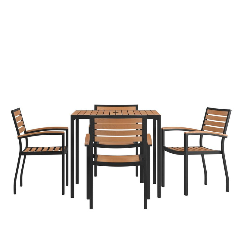 5 Piece Outdoor Dining Table Set - Synthetic Teak Poly Slats - 35" Square Steel Framed Table With Umbrella Hole - 4 Club Chairs By Flash Furniture | Outdoor Dining Sets | Modishstore