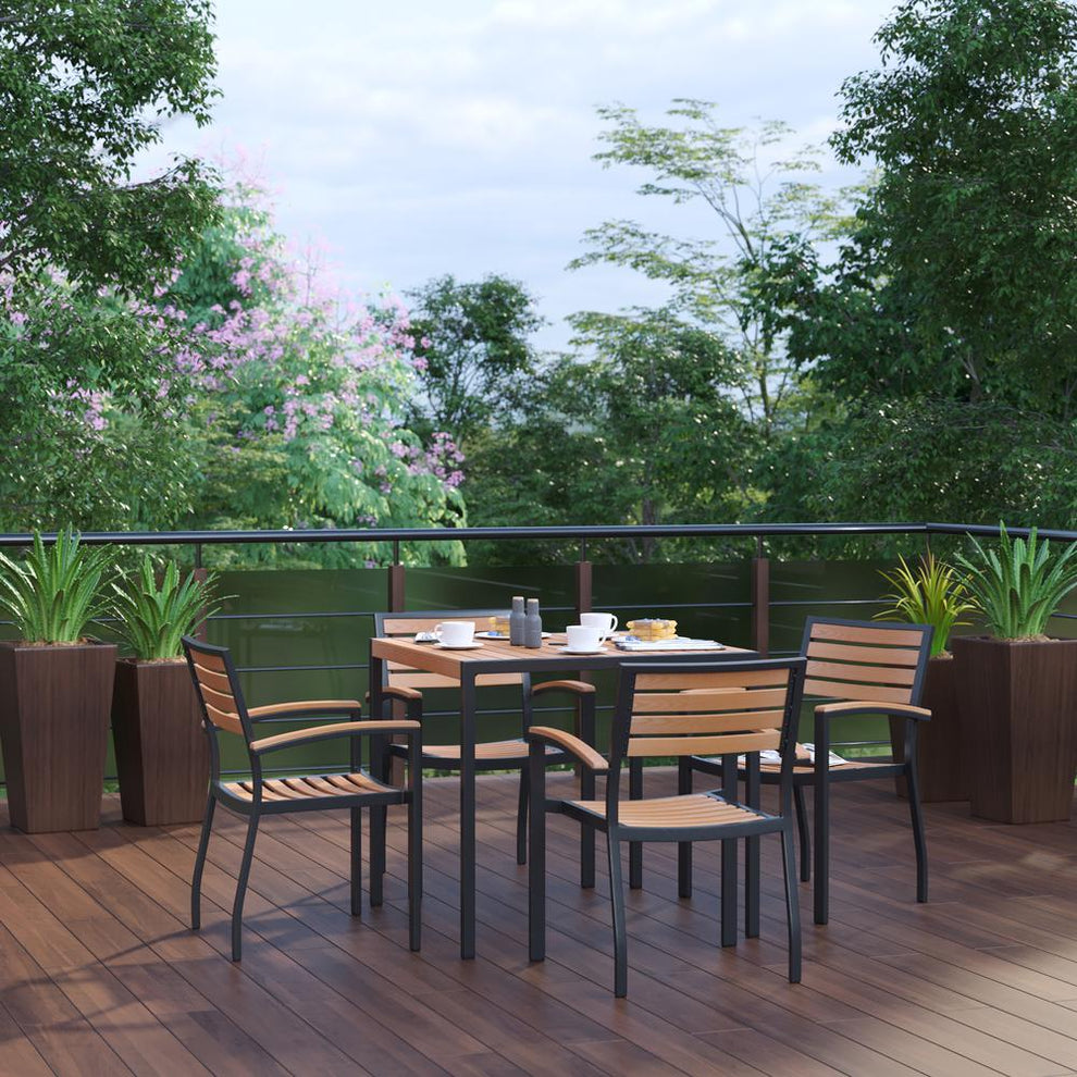 5 Piece Outdoor Dining Table Set - Synthetic Teak Poly Slats - 35" Square Steel Framed Table With Umbrella Hole - 4 Club Chairs By Flash Furniture | Outdoor Dining Sets | Modishstore - 2