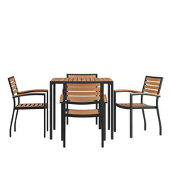 5 Piece Outdoor Dining Table Set - Synthetic Teak Poly Slats - 35