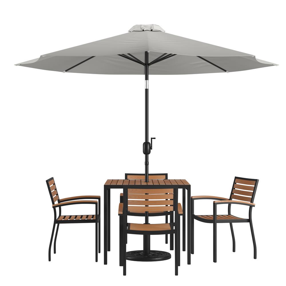 7 Piece Outdoor Patio Table Set With 4 Synthetic Teak Stackable Chairs, 35" Square Table, Gray Umbrella & Base By Flash Furniture | Outdoor Dining Sets | Modishstore