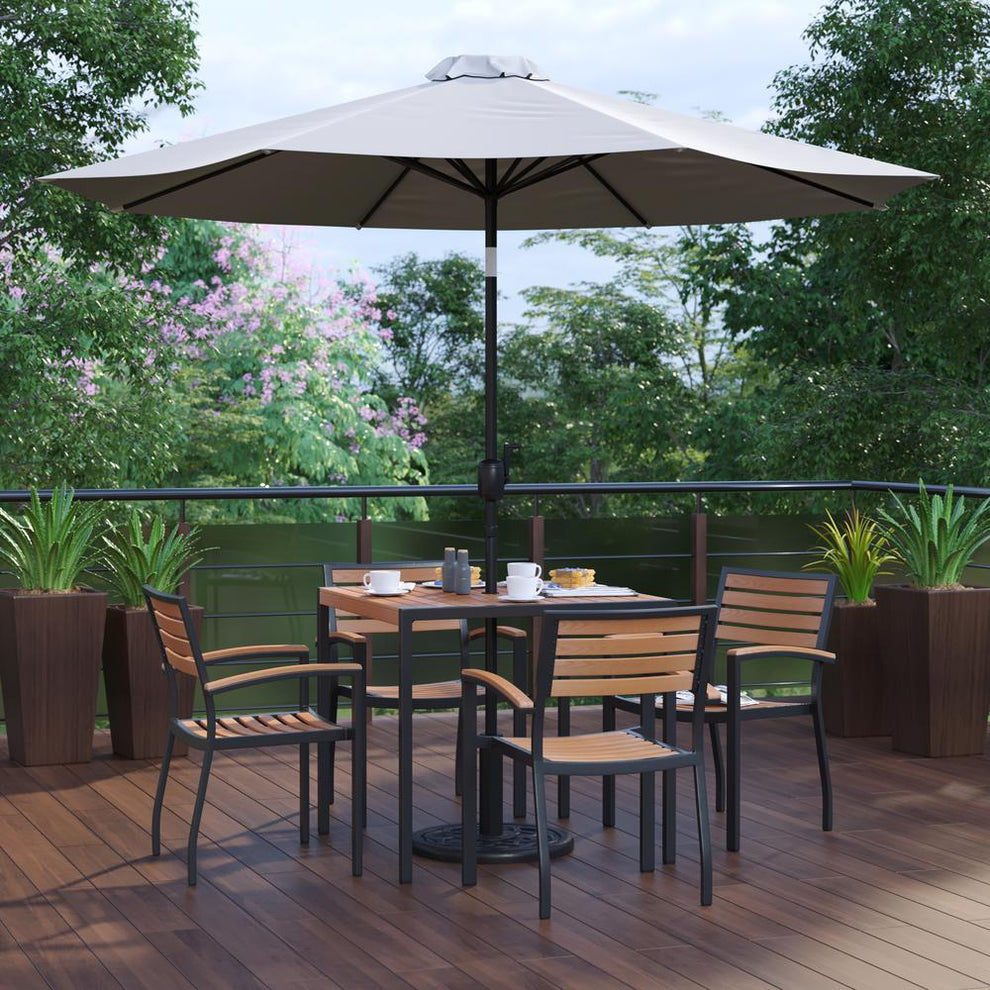 7 Piece Outdoor Patio Table Set With 4 Synthetic Teak Stackable Chairs, 35" Square Table, Gray Umbrella & Base By Flash Furniture | Outdoor Dining Sets | Modishstore - 2
