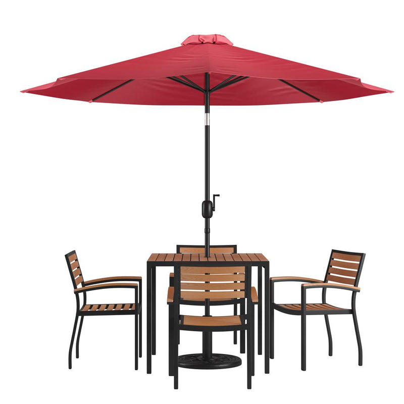 7 Piece Outdoor Patio Table Set With 4 Synthetic Teak Stackable Chairs, 35" Square Table, Red Umbrella & Base By Flash Furniture | Outdoor Dining Sets | Modishstore