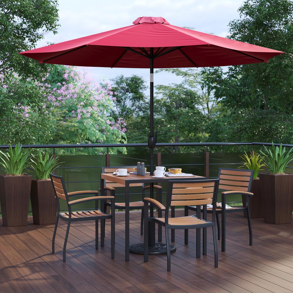 7 Piece Outdoor Patio Table Set With 4 Synthetic Teak Stackable Chairs, 35" Square Table, Red Umbrella & Base By Flash Furniture | Outdoor Dining Sets | Modishstore - 2