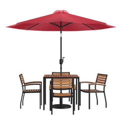 7 Piece Outdoor Patio Table Set With 4 Synthetic Teak Stackable Chairs, 35