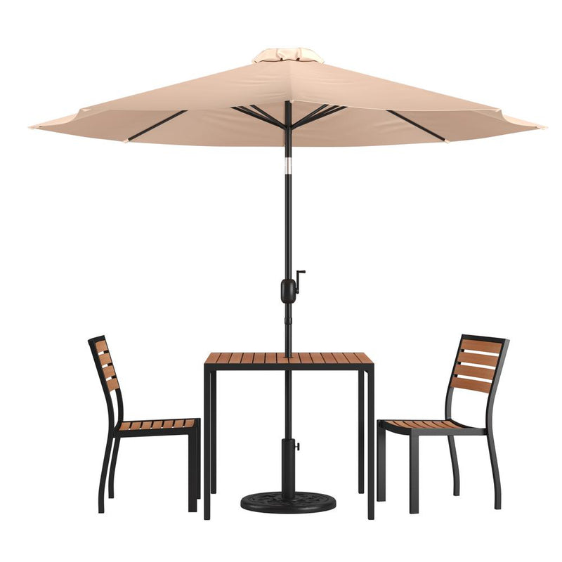 5 Piece All-Weather Deck Or Patio Set With 2 Stacking Faux Teak Chairs, 35" Square Faux Teak Table, Tan Umbrella & Base By Flash Furniture | Outdoor Dining Sets | Modishstore - 1