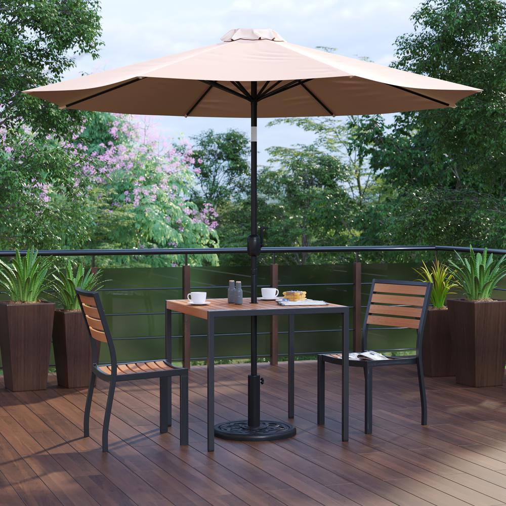 5 Piece All-Weather Deck Or Patio Set With 2 Stacking Faux Teak Chairs, 35" Square Faux Teak Table, Tan Umbrella & Base By Flash Furniture | Outdoor Dining Sets | Modishstore - 2