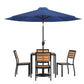7 Piece All-Weather Deck Or Patio Set With 4 Stacking Faux Teak Chairs, 35" Square Faux Teak Table, Navy Umbrella & Base By Flash Furniture | Outdoor Dining Sets | Modishstore