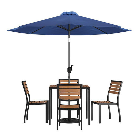 7 Piece All-Weather Deck Or Patio Set With 4 Stacking Faux Teak Chairs, 35" Square Faux Teak Table, Navy Umbrella & Base By Flash Furniture | Outdoor Dining Sets | Modishstore
