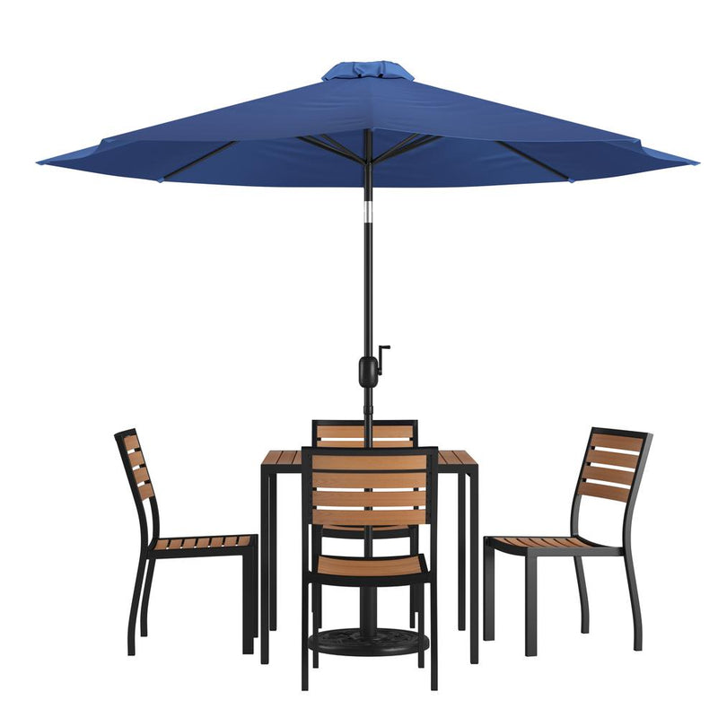 7 Piece All-Weather Deck Or Patio Set With 4 Stacking Faux Teak Chairs, 35" Square Faux Teak Table, Navy Umbrella & Base By Flash Furniture | Outdoor Dining Sets | Modishstore - 1