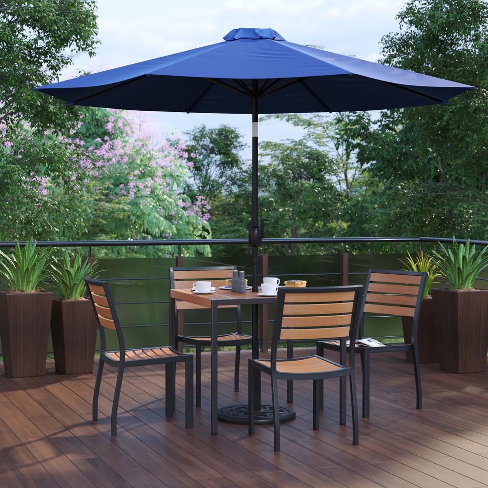 7 Piece All-Weather Deck Or Patio Set With 4 Stacking Faux Teak Chairs, 35" Square Faux Teak Table, Navy Umbrella & Base By Flash Furniture | Outdoor Dining Sets | Modishstore - 2