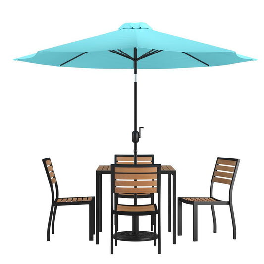 7 Piece All-Weather Deck Or Patio Set With 4 Stacking Faux Teak Chairs, 35" Square Faux Teak Table, Teal Umbrella & Base By Flash Furniture | Outdoor Dining Sets | Modishstore