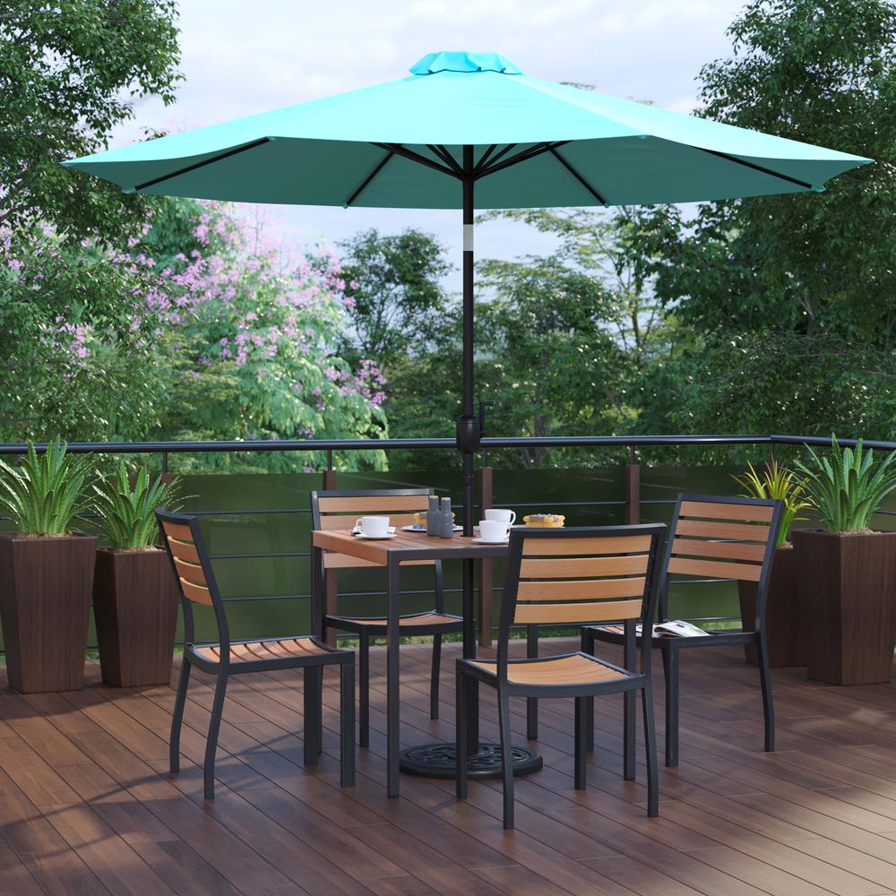 7 Piece All-Weather Deck Or Patio Set With 4 Stacking Faux Teak Chairs, 35" Square Faux Teak Table, Teal Umbrella & Base By Flash Furniture | Outdoor Dining Sets | Modishstore - 2